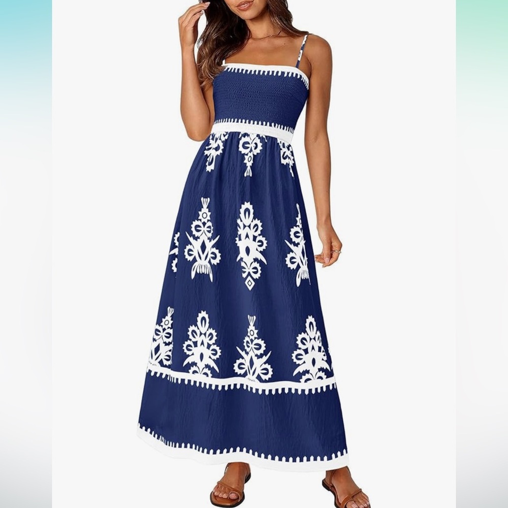 Chic Navy and White Embroidered Maxi Dress